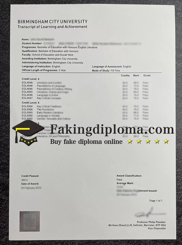 fake BCU transcript, Birmingham City University transcript sample
