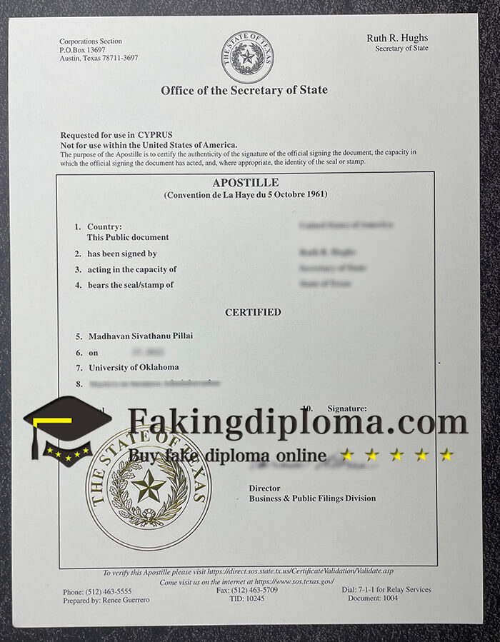 fake State of Texas Apostille certificate.
